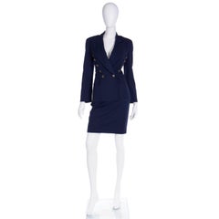 1990s Moschino Couture Vintage Navy Blue Skirt & Jacket Suit w Trumpet Buttons