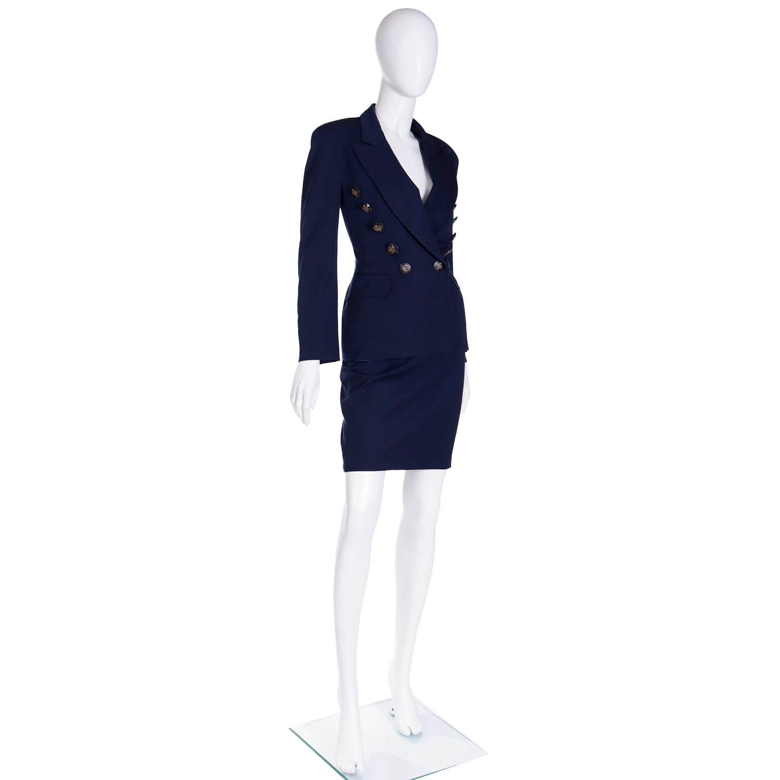 Black 1990s Moschino Couture Vintage Navy Blue Skirt & Jacket Suit w Trumpet Buttons For Sale