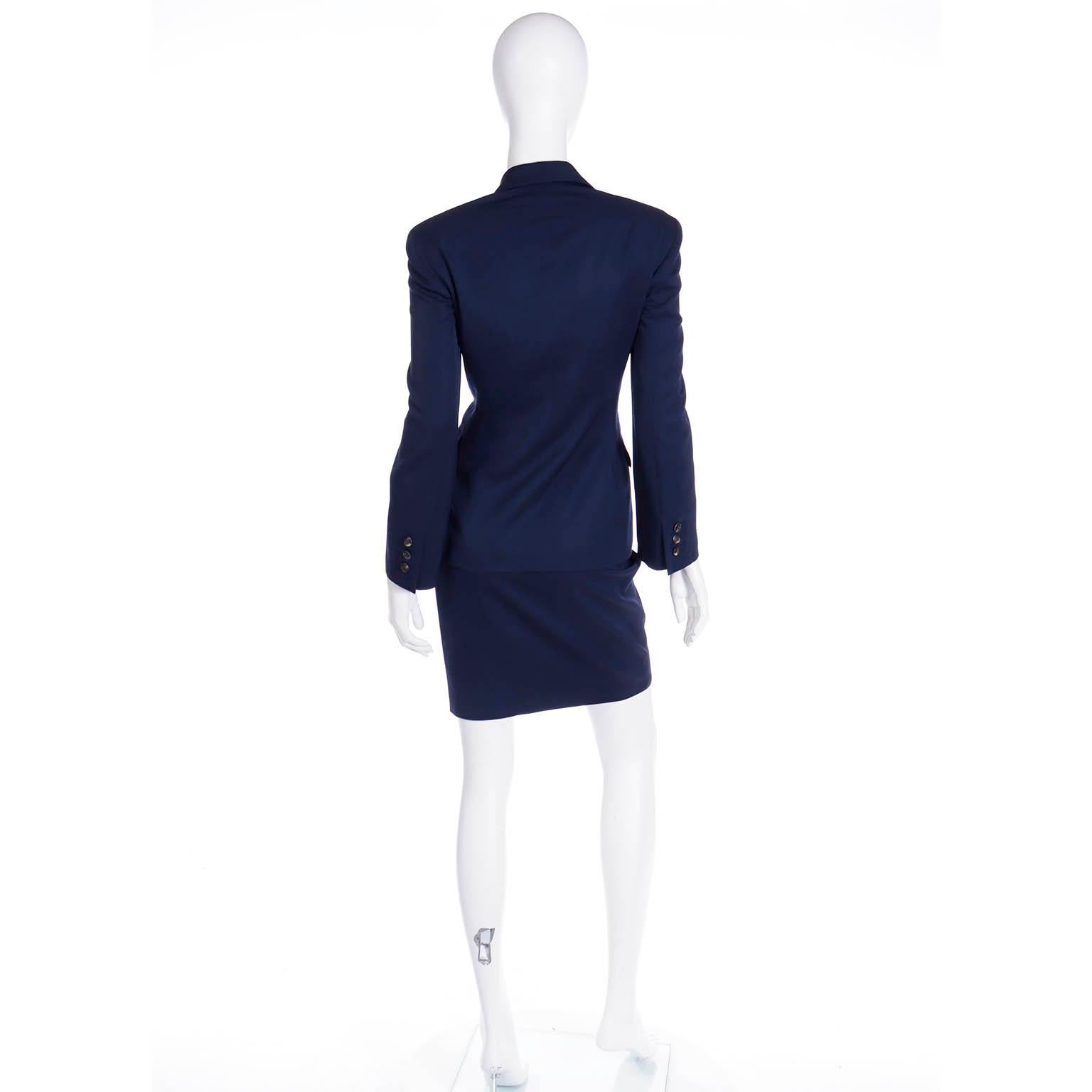 1990s Moschino Couture Vintage Navy Blue Skirt & Jacket Suit w Trumpet Buttons In Excellent Condition For Sale In Portland, OR