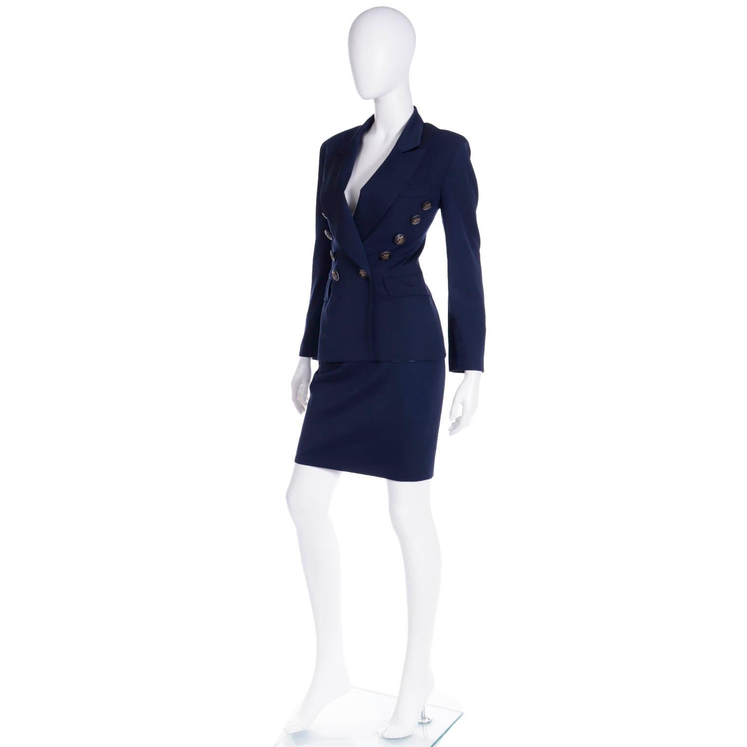 Women's 1990s Moschino Couture Vintage Navy Blue Skirt & Jacket Suit w Trumpet Buttons For Sale