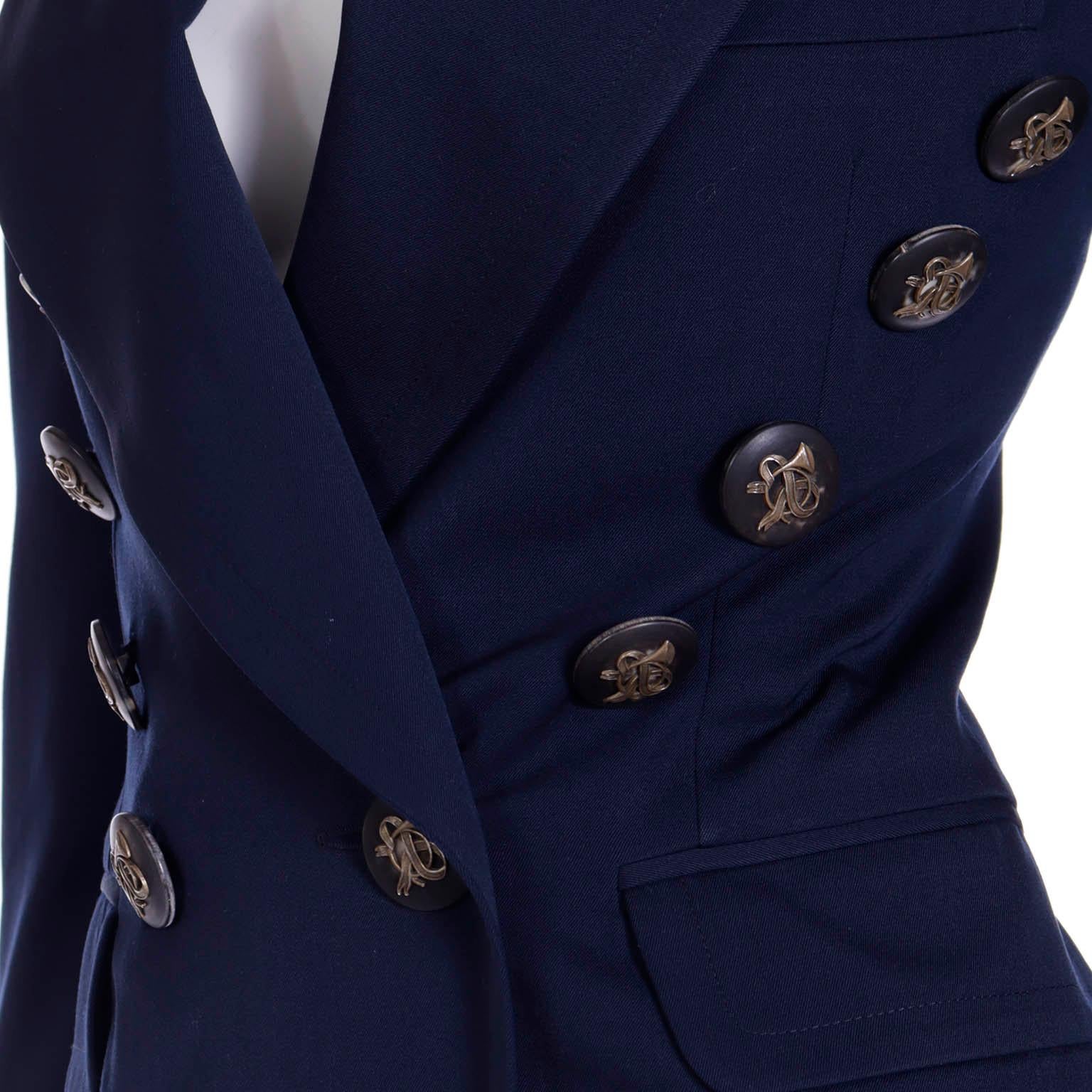1990s Moschino Couture Vintage Navy Blue Skirt & Jacket Suit w Trumpet Buttons For Sale 1