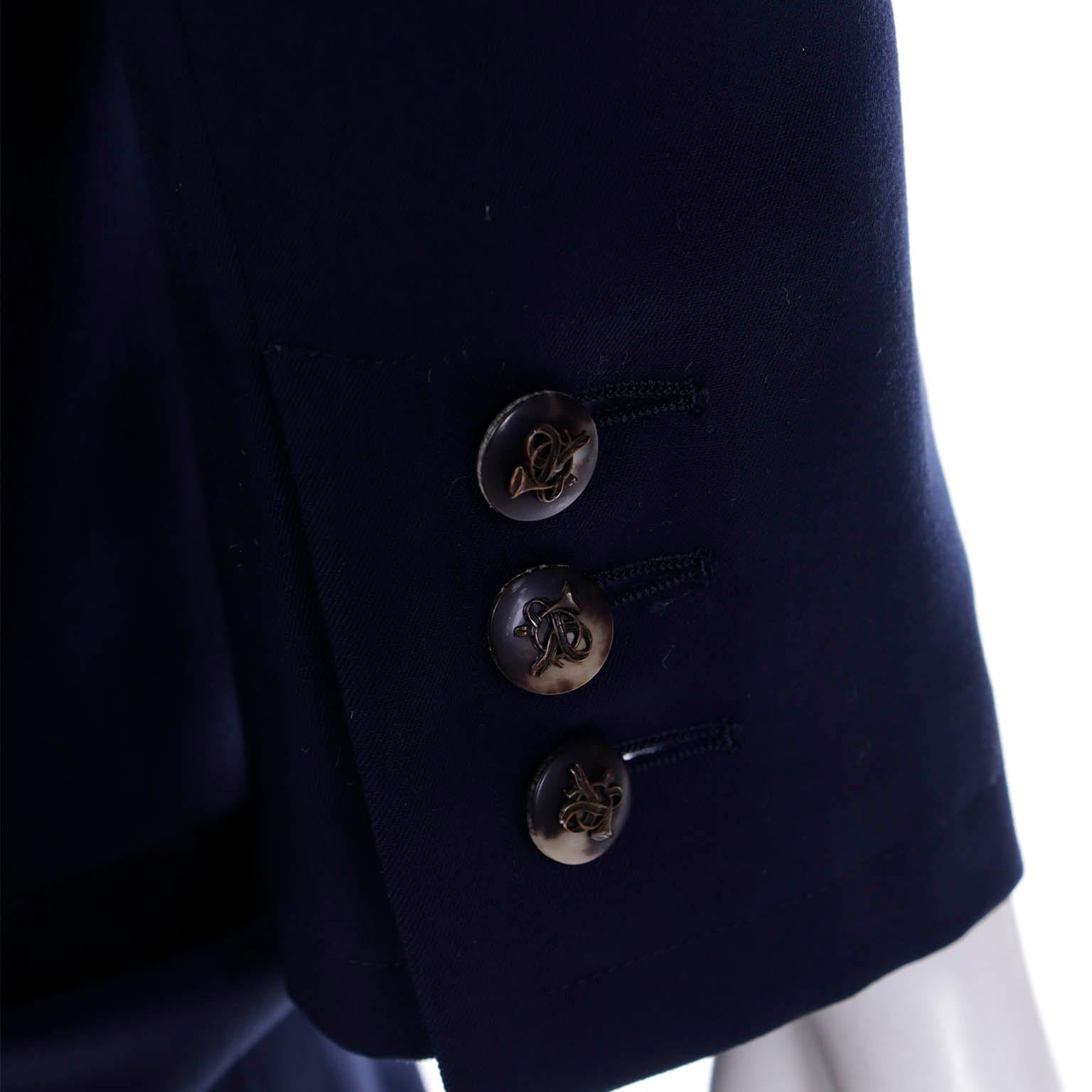 1990s Moschino Couture Vintage Navy Blue Skirt & Jacket Suit w Trumpet Buttons For Sale 2
