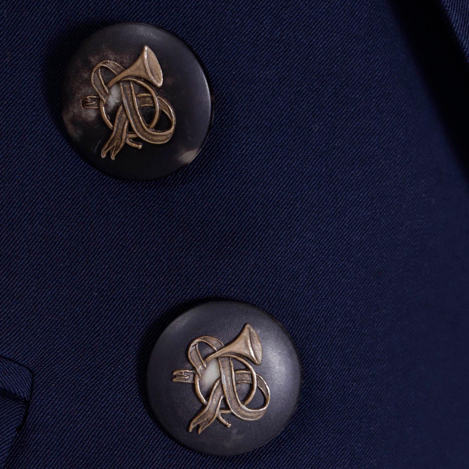 1990s Moschino Couture Vintage Navy Blue Skirt & Jacket Suit w Trumpet Buttons For Sale 3