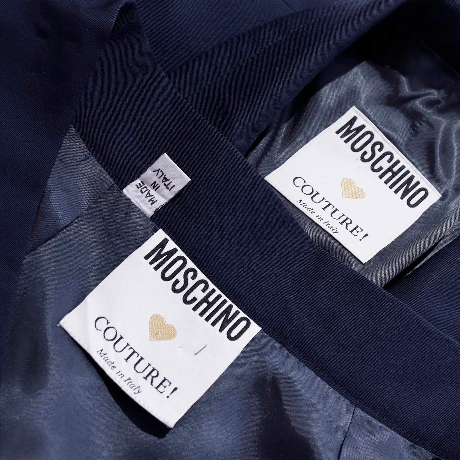 1990s Moschino Couture Vintage Navy Blue Skirt & Jacket Suit w Trumpet Buttons For Sale 4