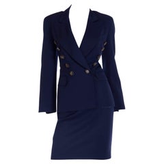1990s Moschino Couture Vintage Navy Blue Skirt & Jacket Suit w Trumpet Buttons