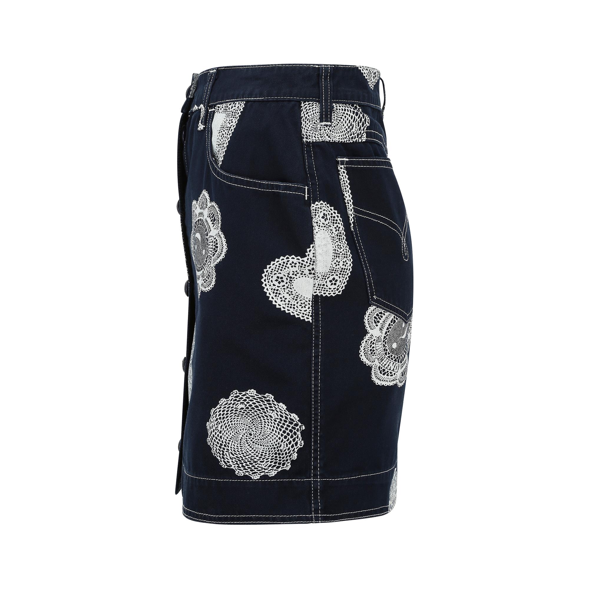 Black 1990s Moschino Denim and Doily Novelty Print Mini Skirt For Sale