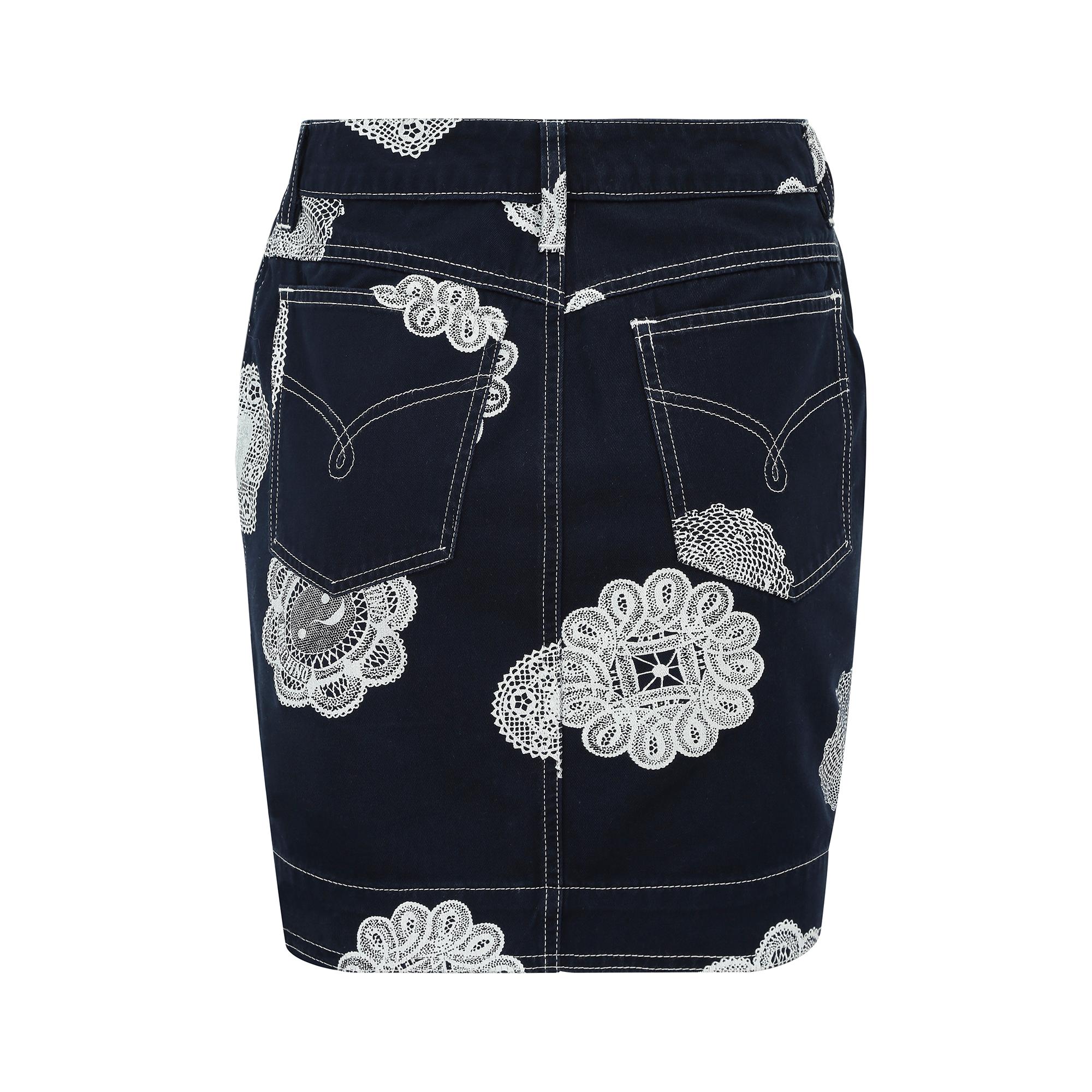 1990s Moschino Denim and Doily Novelty Print Mini Skirt In Excellent Condition For Sale In London, GB