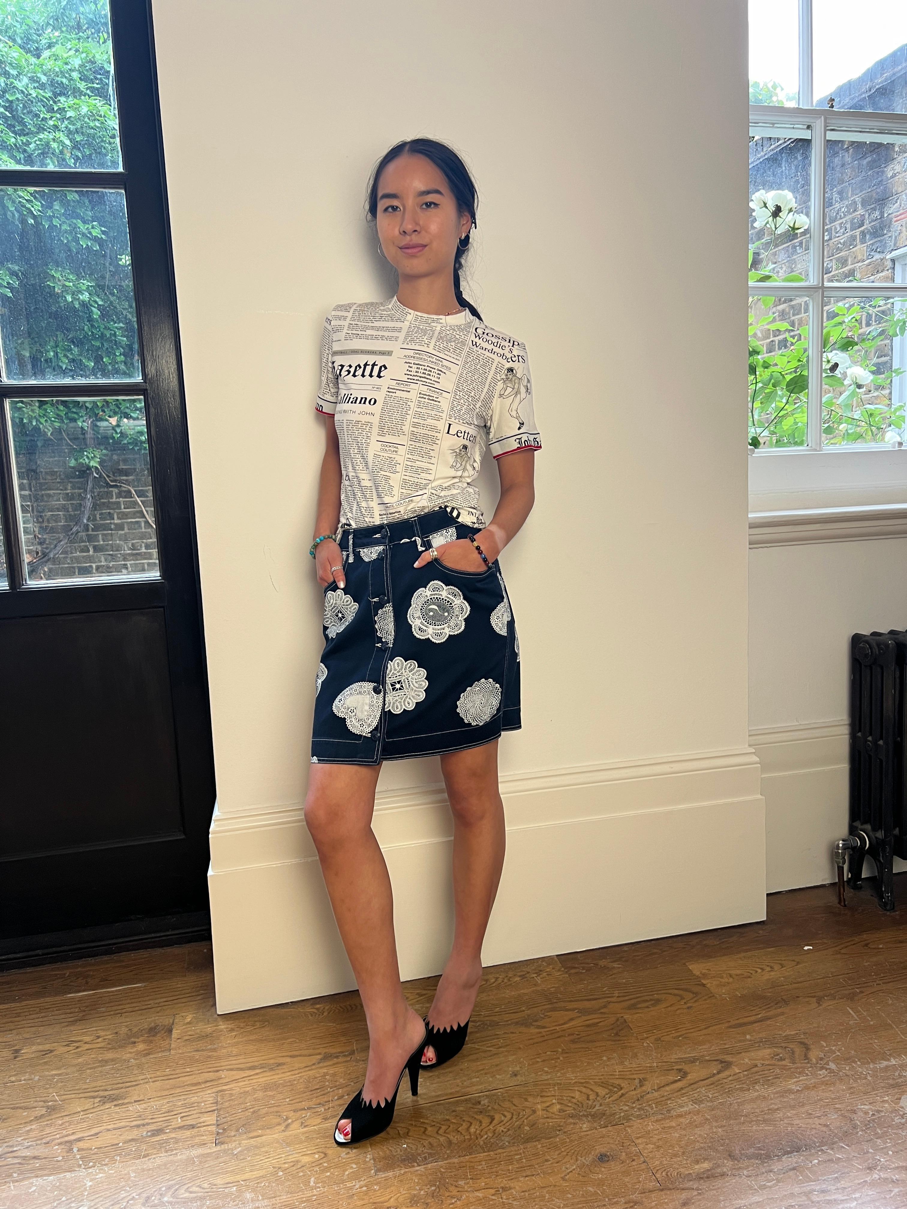 1990s Moschino Denim and Doily Novelty Print Mini Skirt For Sale 2