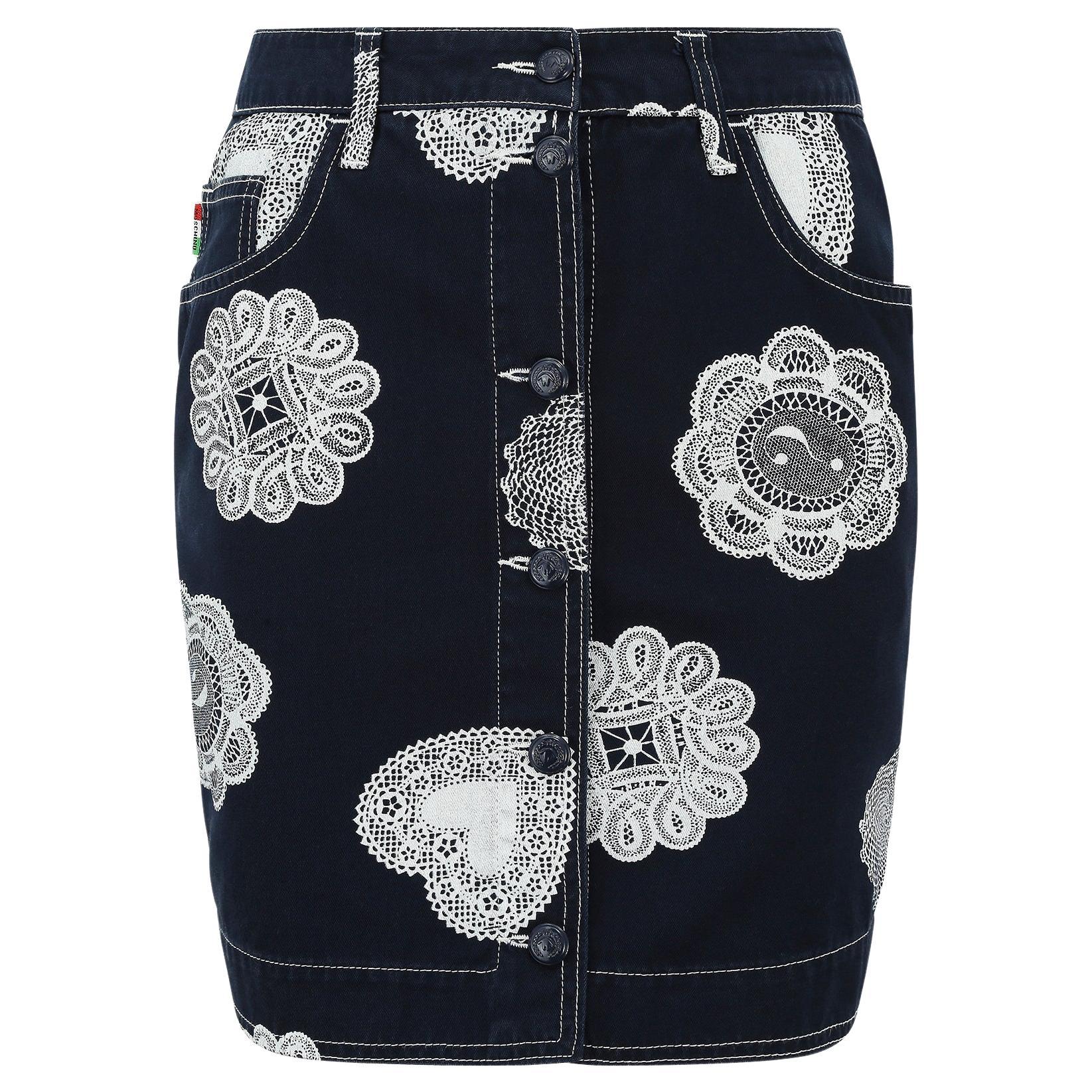 1990s Moschino Denim and Doily Novelty Print Mini Skirt For Sale