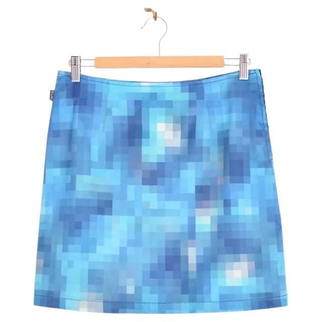 1990's Moschino Digital Pixelated Blue Satin A Line Digital pattern Mini Skirt For Sale