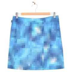 Retro 1990's Moschino Digital Pixelated Blue Satin A Line Digital pattern Mini Skirt