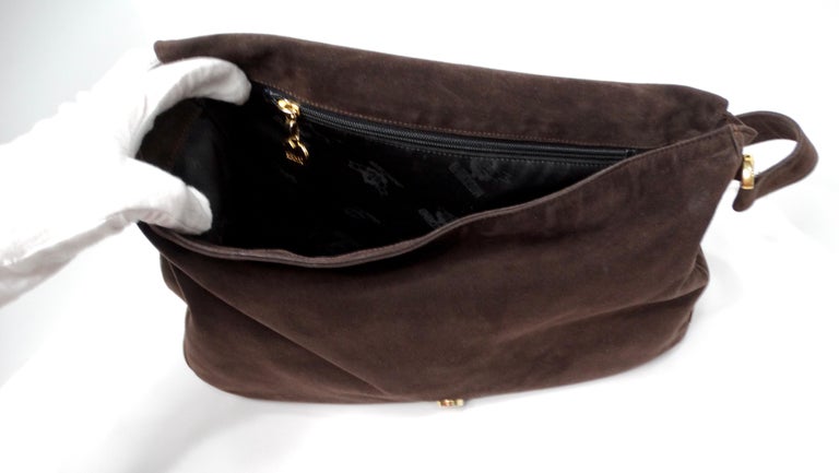 1990s Moschino Espresso Suede Needle and Stitch Messenger Bag at 