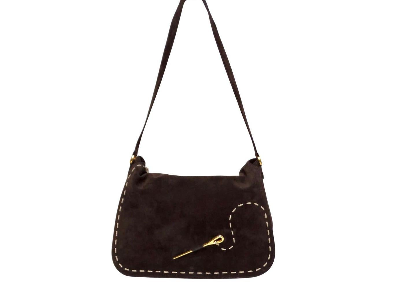 1990s Moschino Espresso Suede Needle and Stitch Messenger Bag at