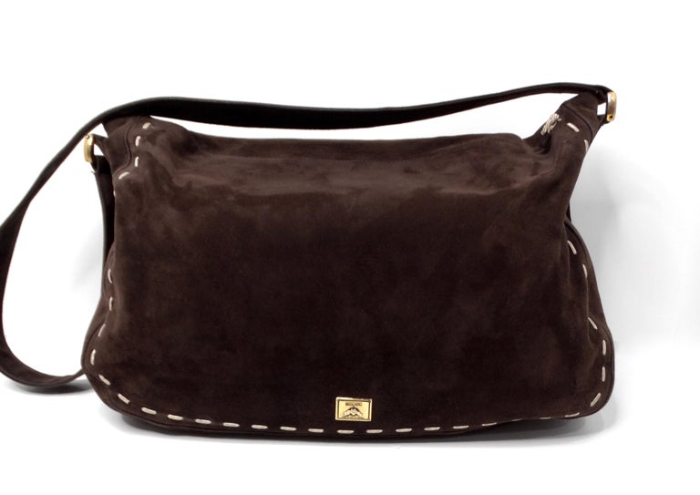1990s Moschino Espresso Suede Needle and Stitch Messenger Bag at 