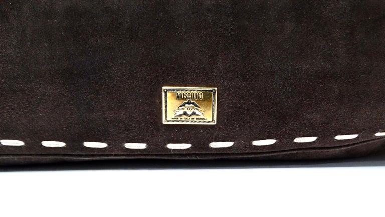 1990s Moschino Espresso Suede Needle and Stitch Messenger Bag at 