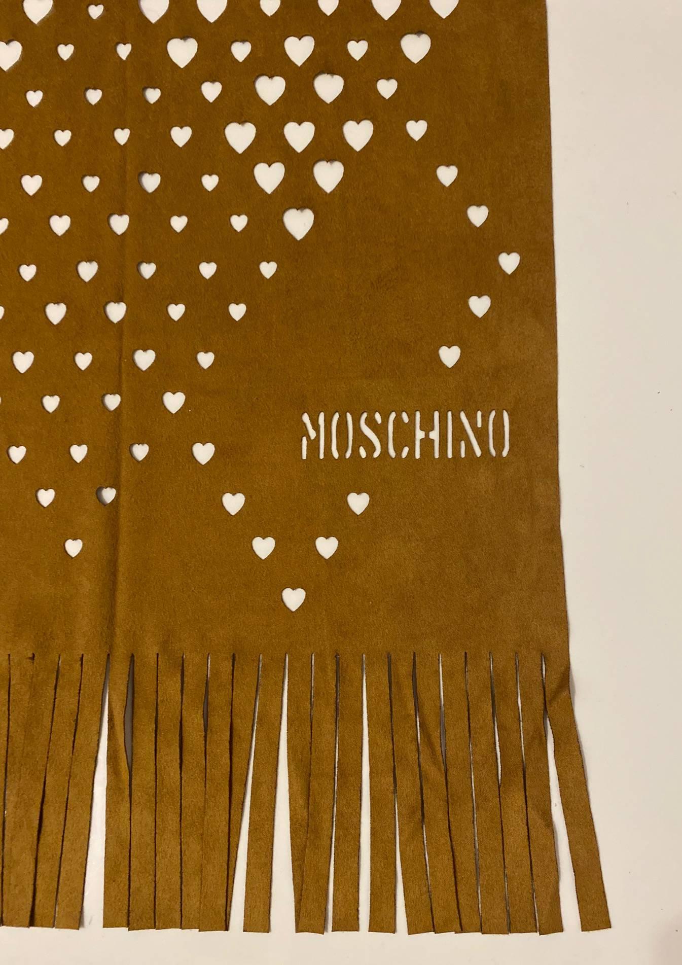 Women's or Men's 1990s Moschino Faux Suede Brown Heart Openwork Scarf
