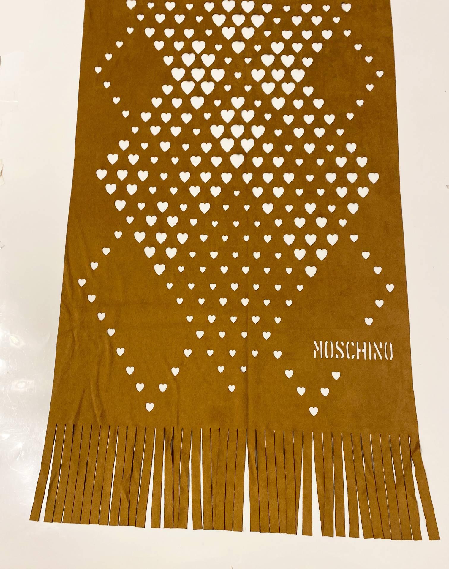 1990s Moschino Faux Suede Brown Heart Openwork Scarf 1