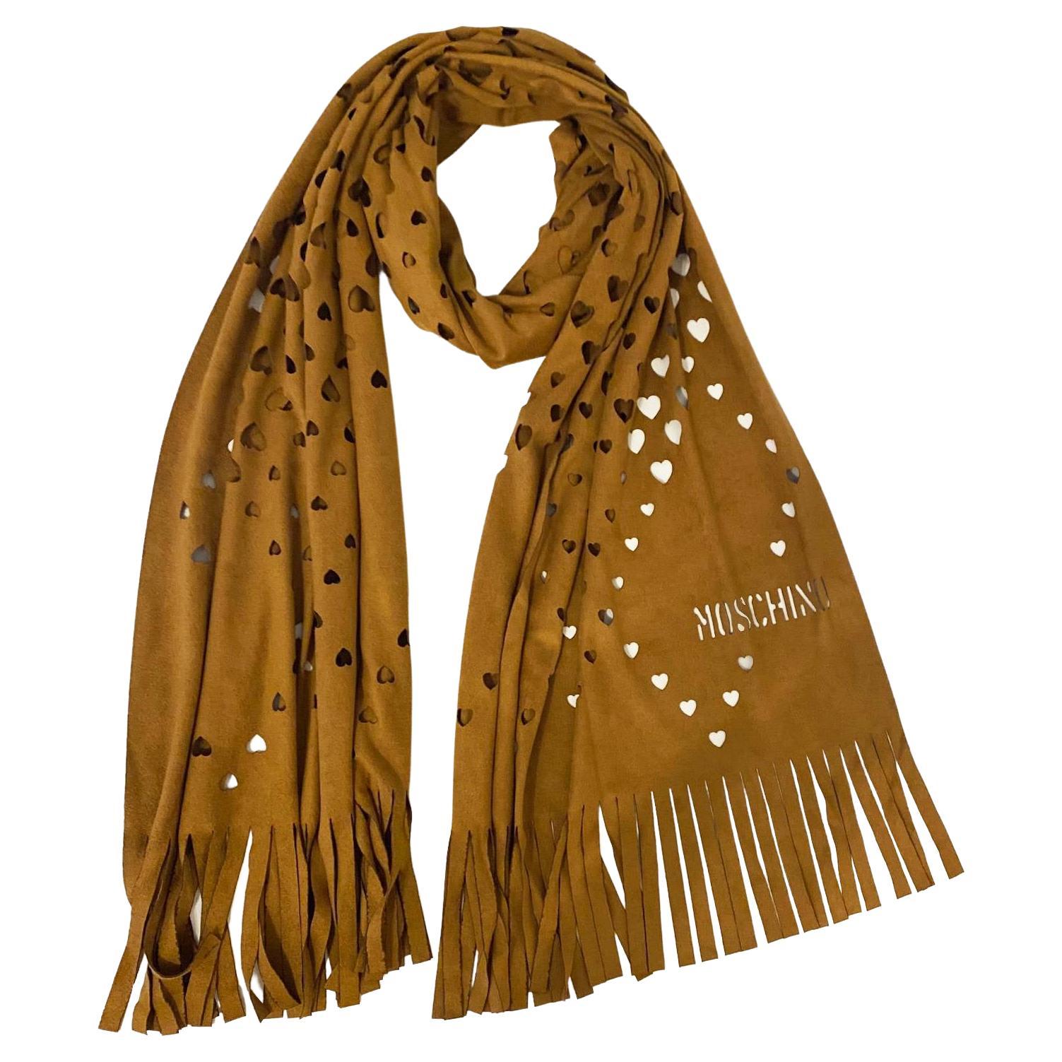 1990s Moschino Faux Suede Brown Heart Openwork Scarf