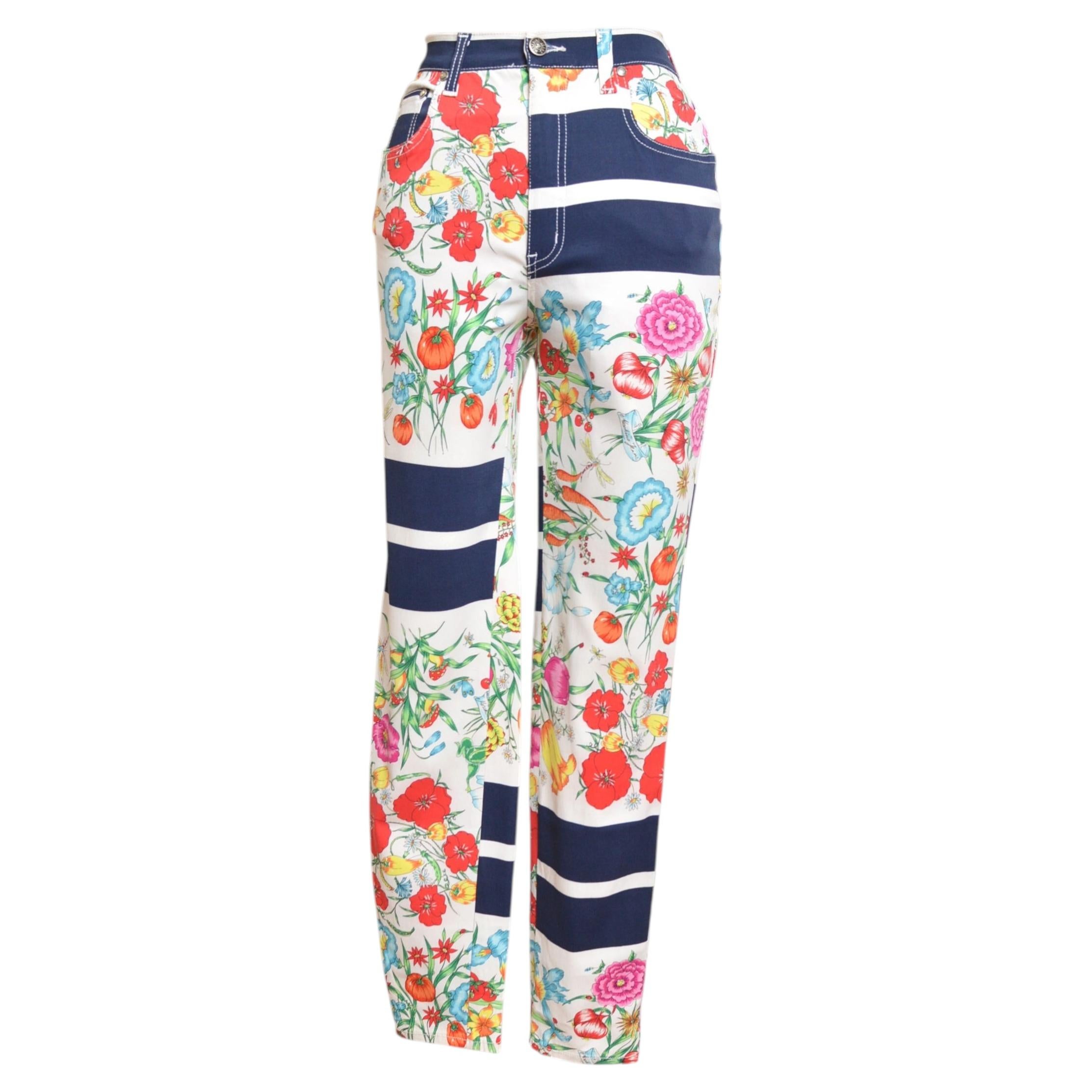 1990's Moschino Floral Print High Waisted Colourful Pattern Trousers - Pants