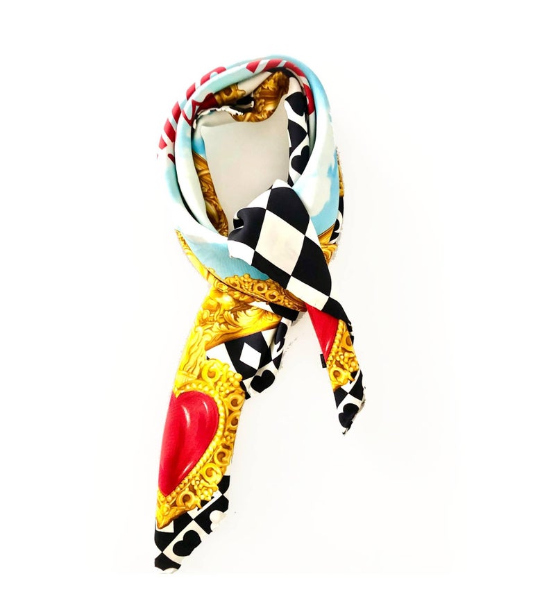 1990s  Moschino Forever Chequered Heart Print Gold Silk Scarf  For Sale 2
