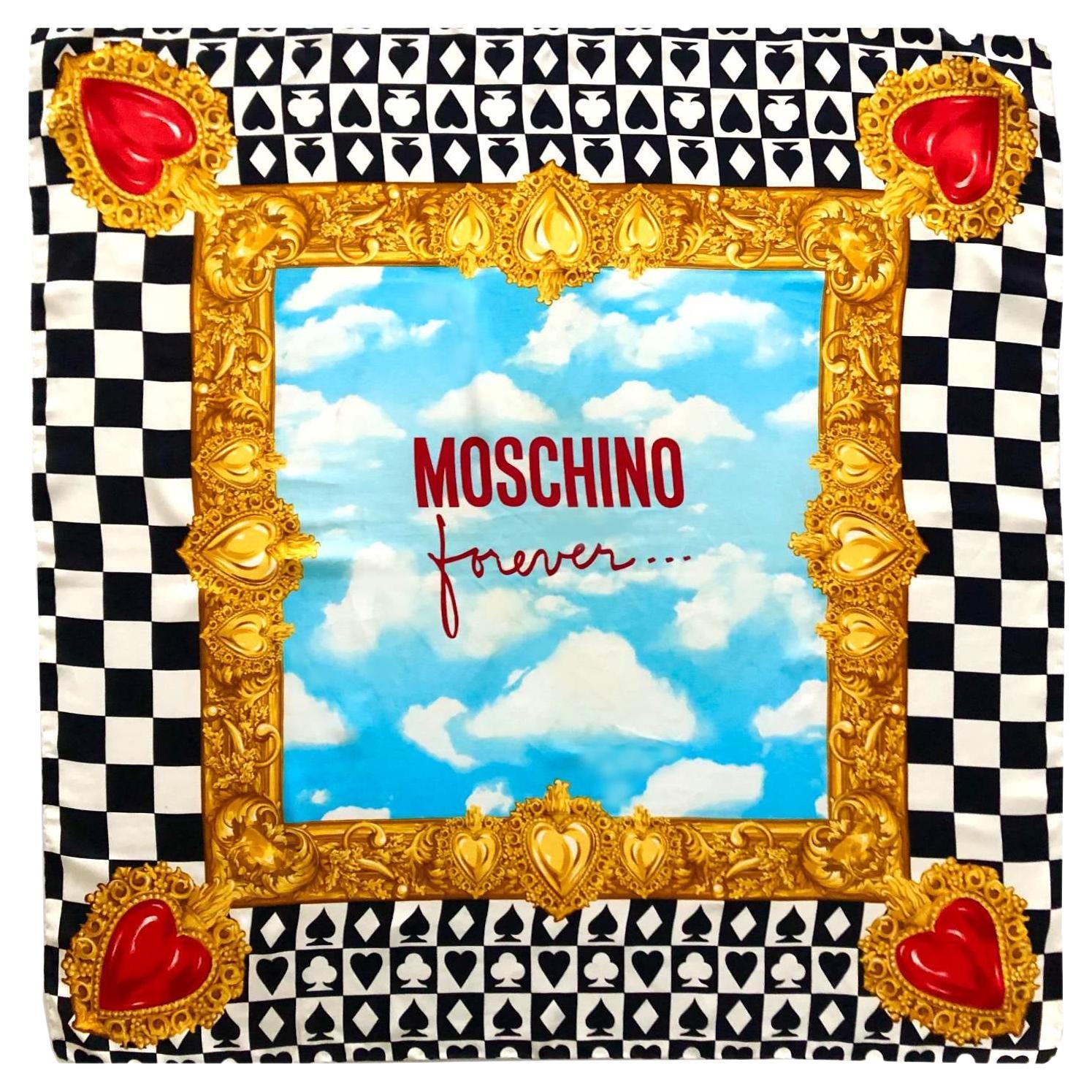 1990s  Moschino Forever Chequered Heart Print Gold Silk Scarf 