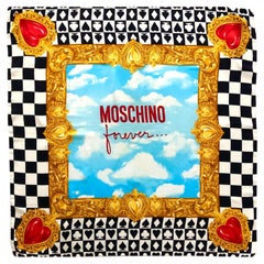 1980s  Moschino Forever Chequered Heart Print Gold Silk Scarf
