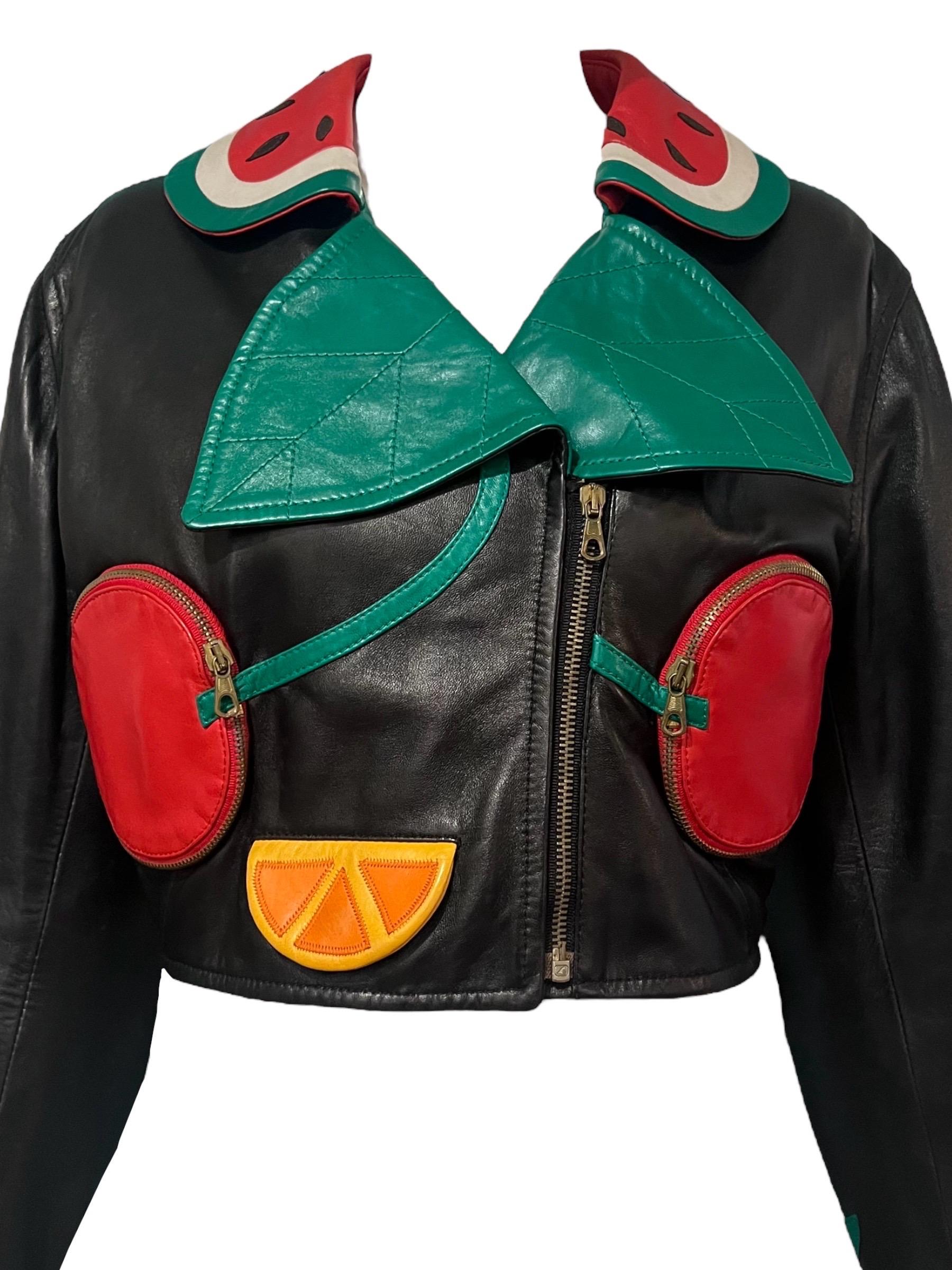 1990's Moschino Fruit Biker Vintage Leather Jacket For Sale 6