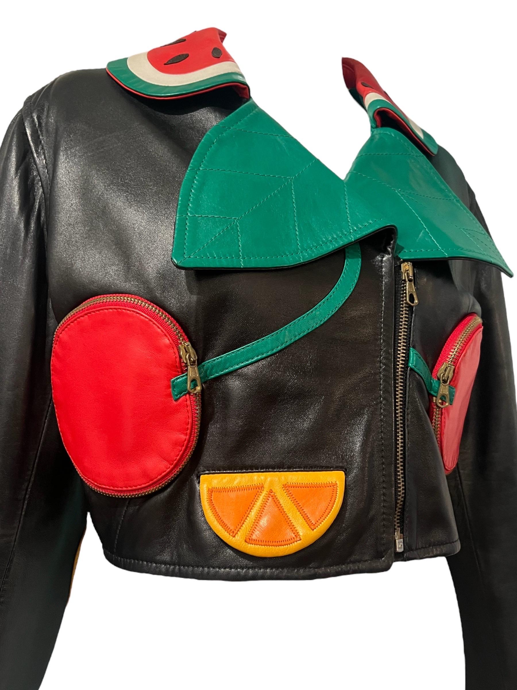 1990's Moschino Fruit Biker Vintage Leather Jacket In Excellent Condition For Sale In Concord, NC