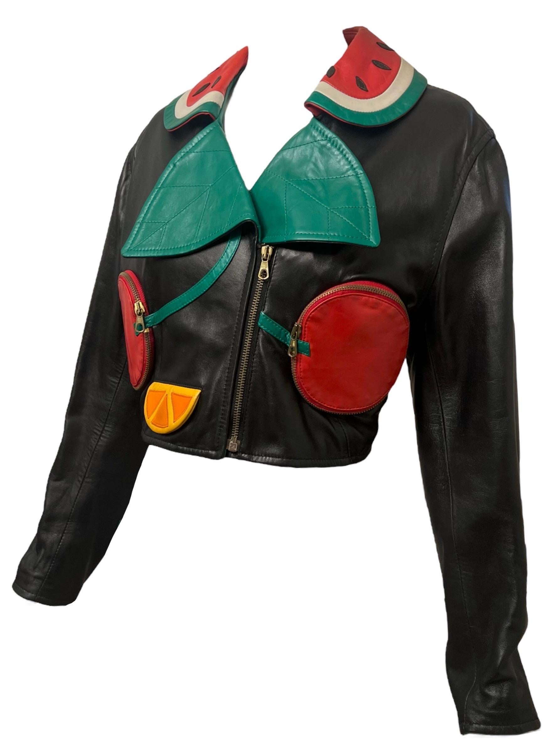 1990's Moschino Fruit Biker Vintage Leather Jacket For Sale 1