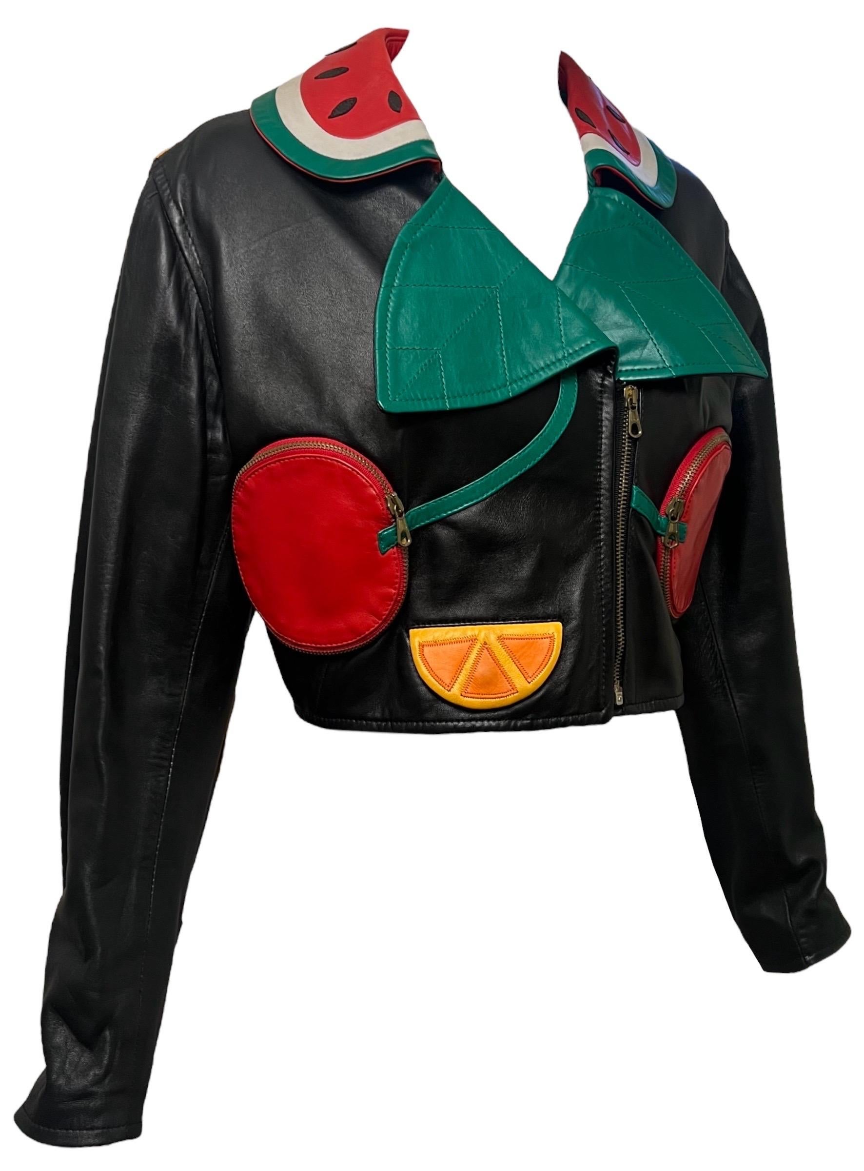 1990's Moschino Fruit Biker Vintage Leather Jacket For Sale 2
