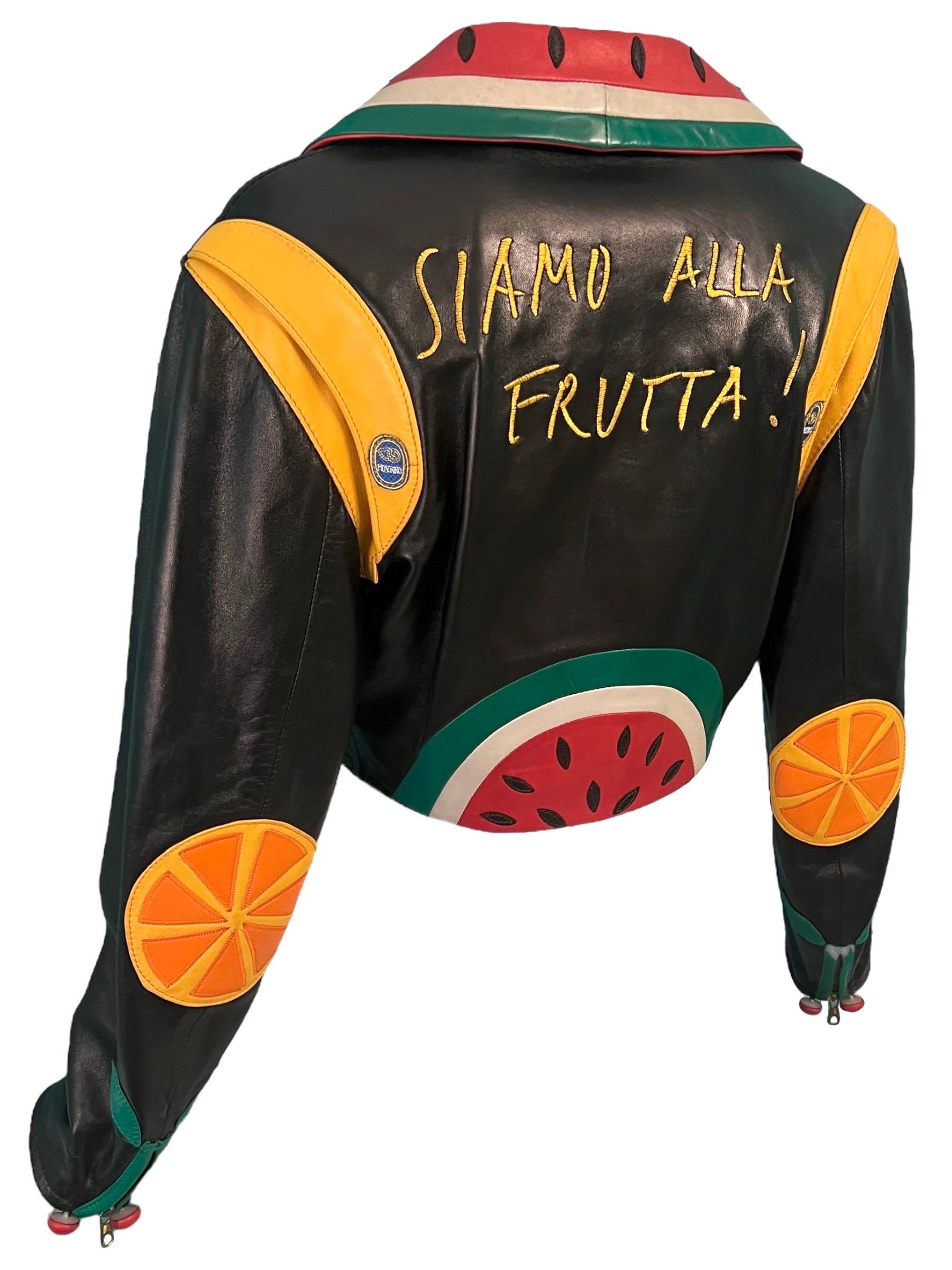 1990's Moschino Fruit Biker Vintage Leather Jacket For Sale 4