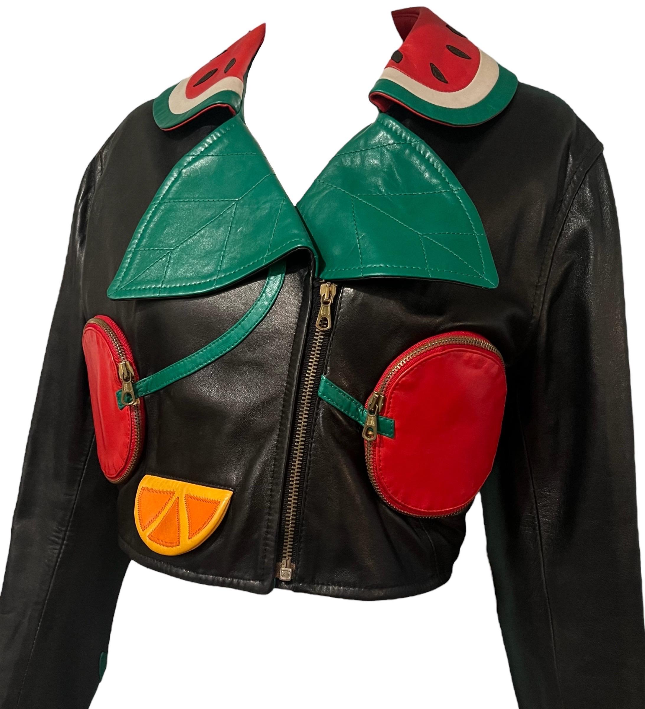 1990's Moschino Fruit Biker Vintage Leather Jacket For Sale 5