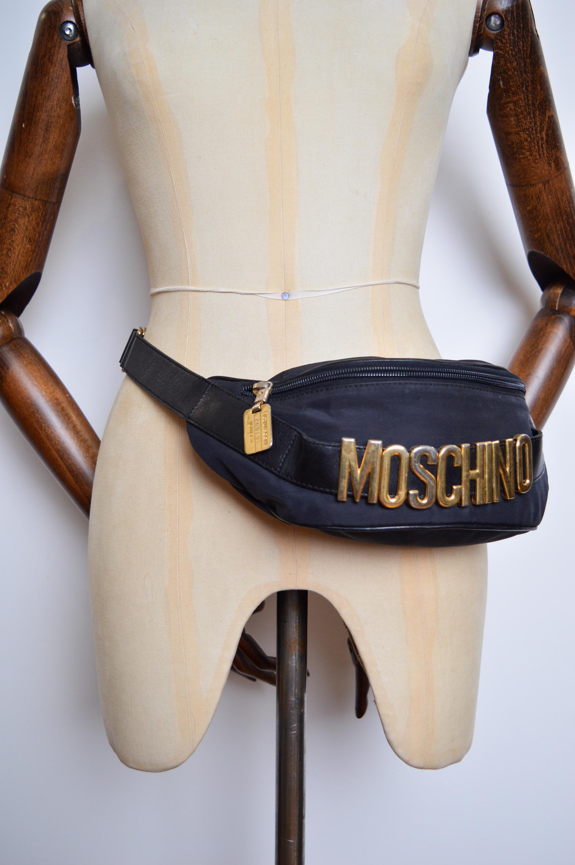 1990's Moschino Gold letter spell out Fanny Pack Black & Gold Bum Bag For Sale 3