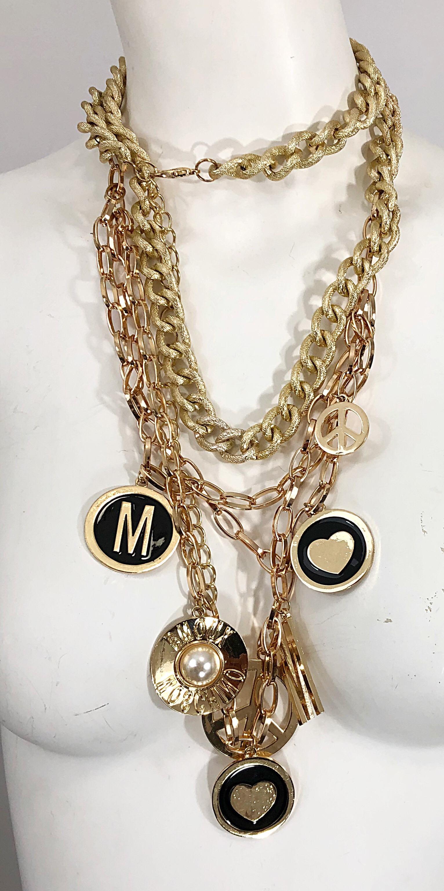 1990s MOSCHINO Gold Logo Peace Sign + Pearl + Hearts Vintage Charm Belt Necklace In Excellent Condition In San Diego, CA