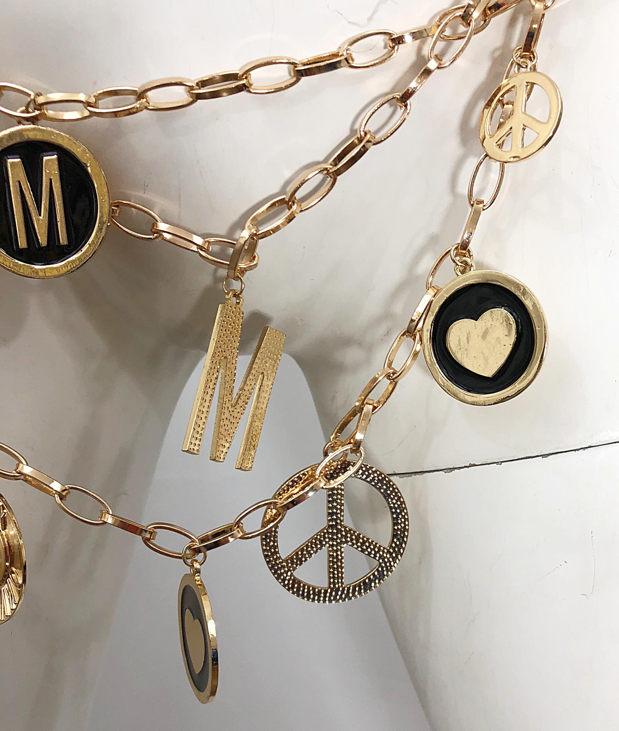 Women's 1990s MOSCHINO Gold Logo Peace Sign + Pearl + Hearts Vintage Charm Belt Necklace