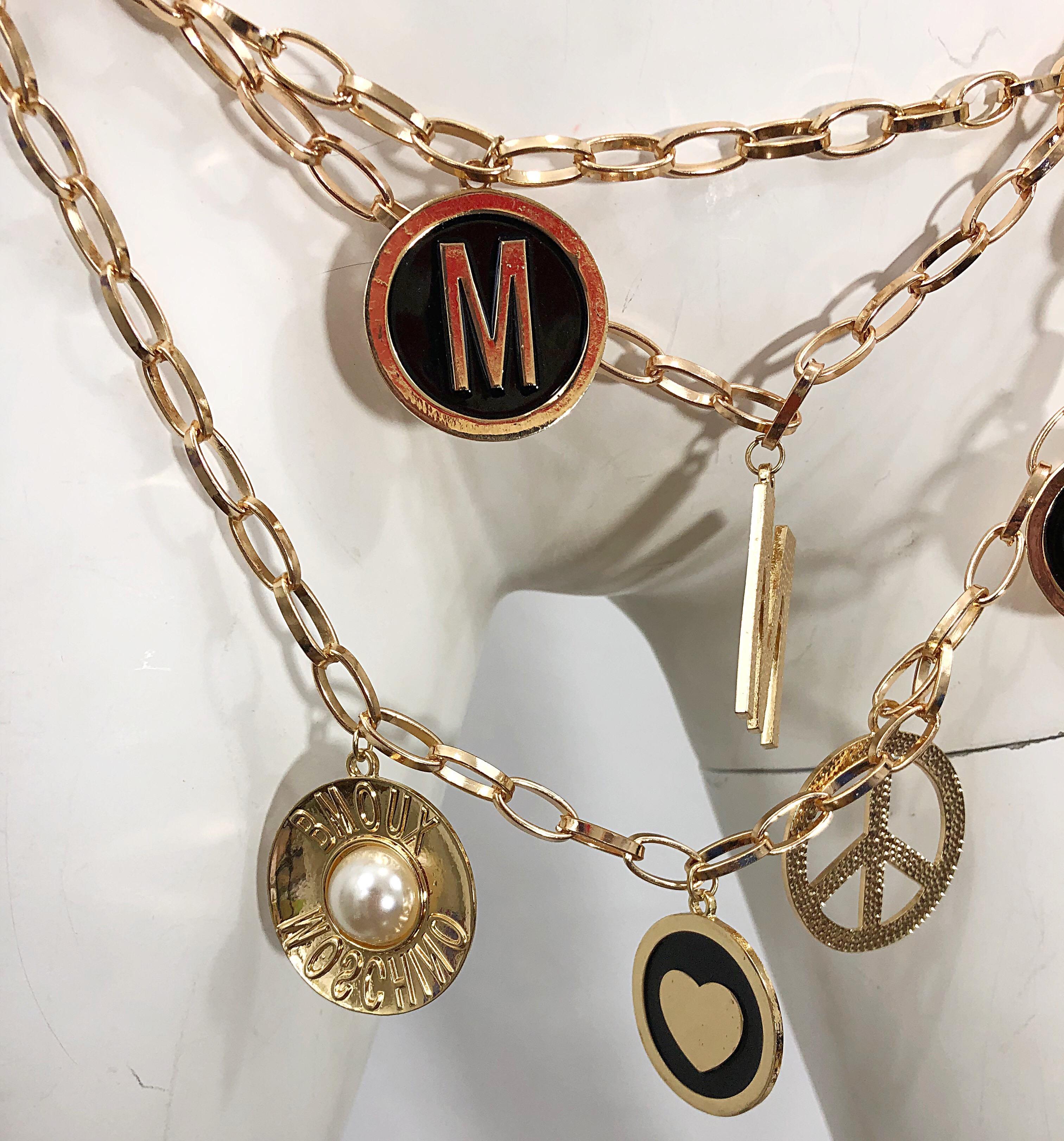 1990s MOSCHINO Gold Logo Peace Sign + Pearl + Hearts Vintage Charm Belt Necklace 3