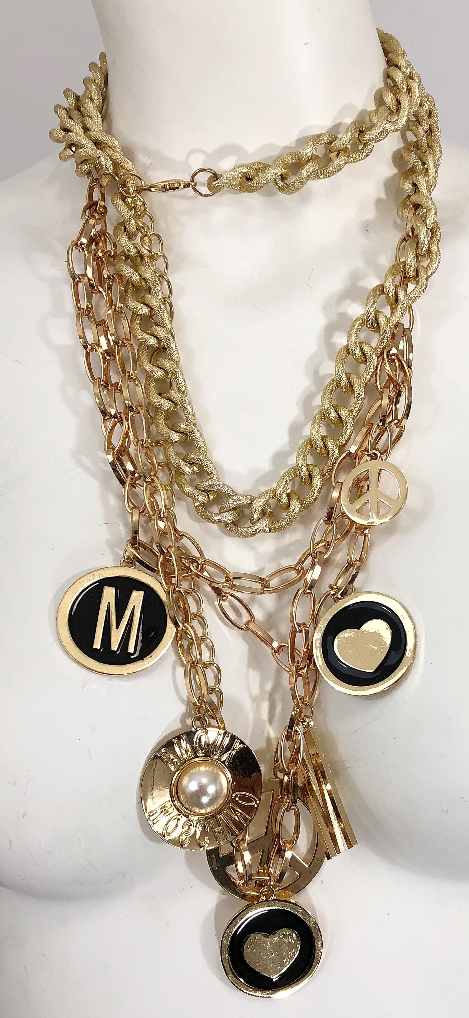 1990s MOSCHINO Gold Logo Peace Sign + Pearl + Hearts Vintage Charm Belt Necklace 4