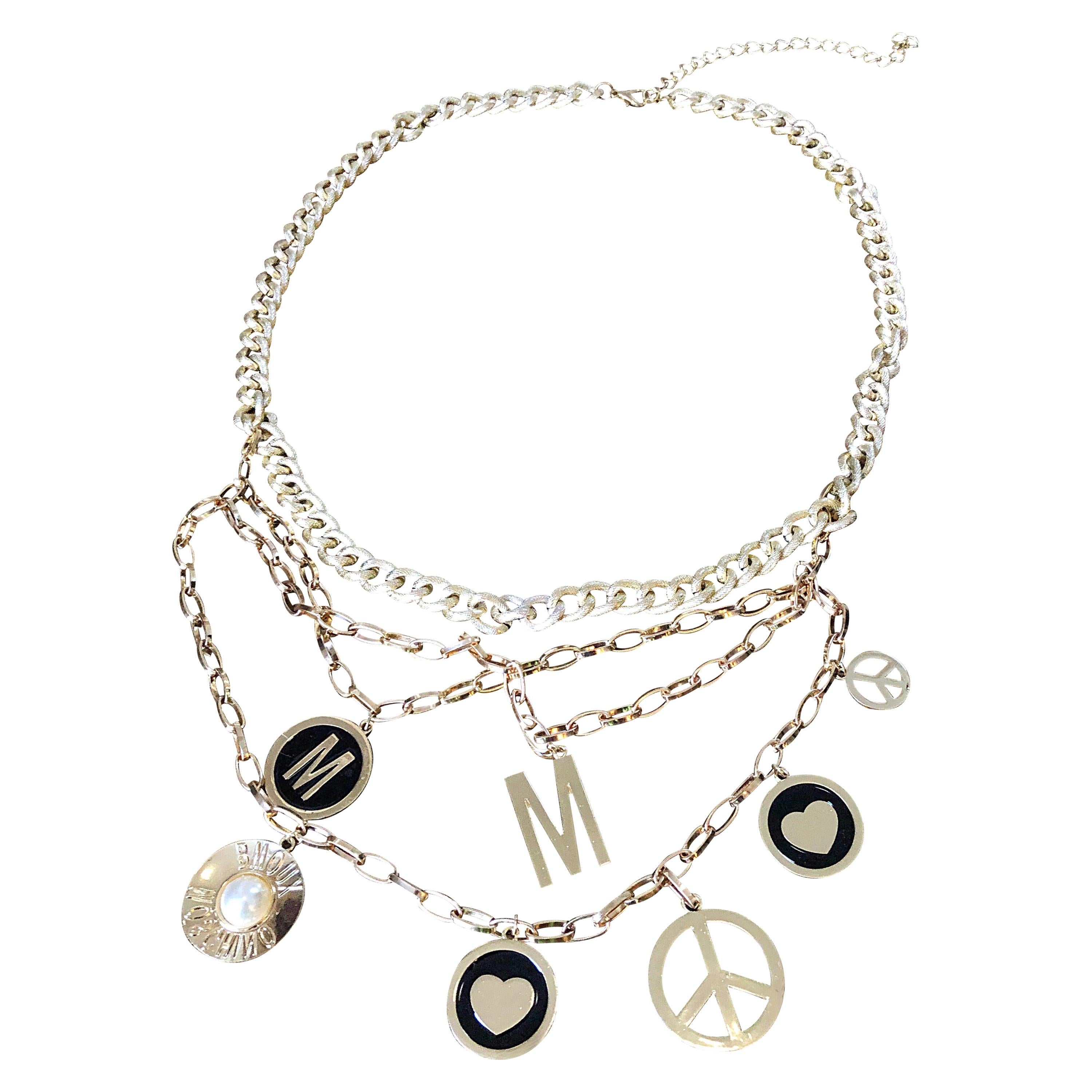 1990s MOSCHINO Gold Logo Peace Sign + Pearl + Hearts Vintage Charm Belt Necklace