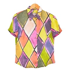 1990's Moschino 'Harlequin' Colourful Diamond Pattern Satin Fitted Print Shirt