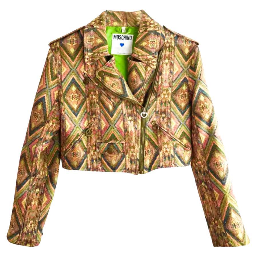 1990s Moschino Jeans Geometric Multicolor Print Bolero Biker Jacket  For Sale