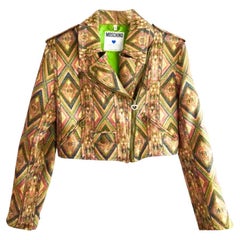 Vintage 1990s Moschino Jeans Geometric Multicolor Print Bolero Biker Jacket 