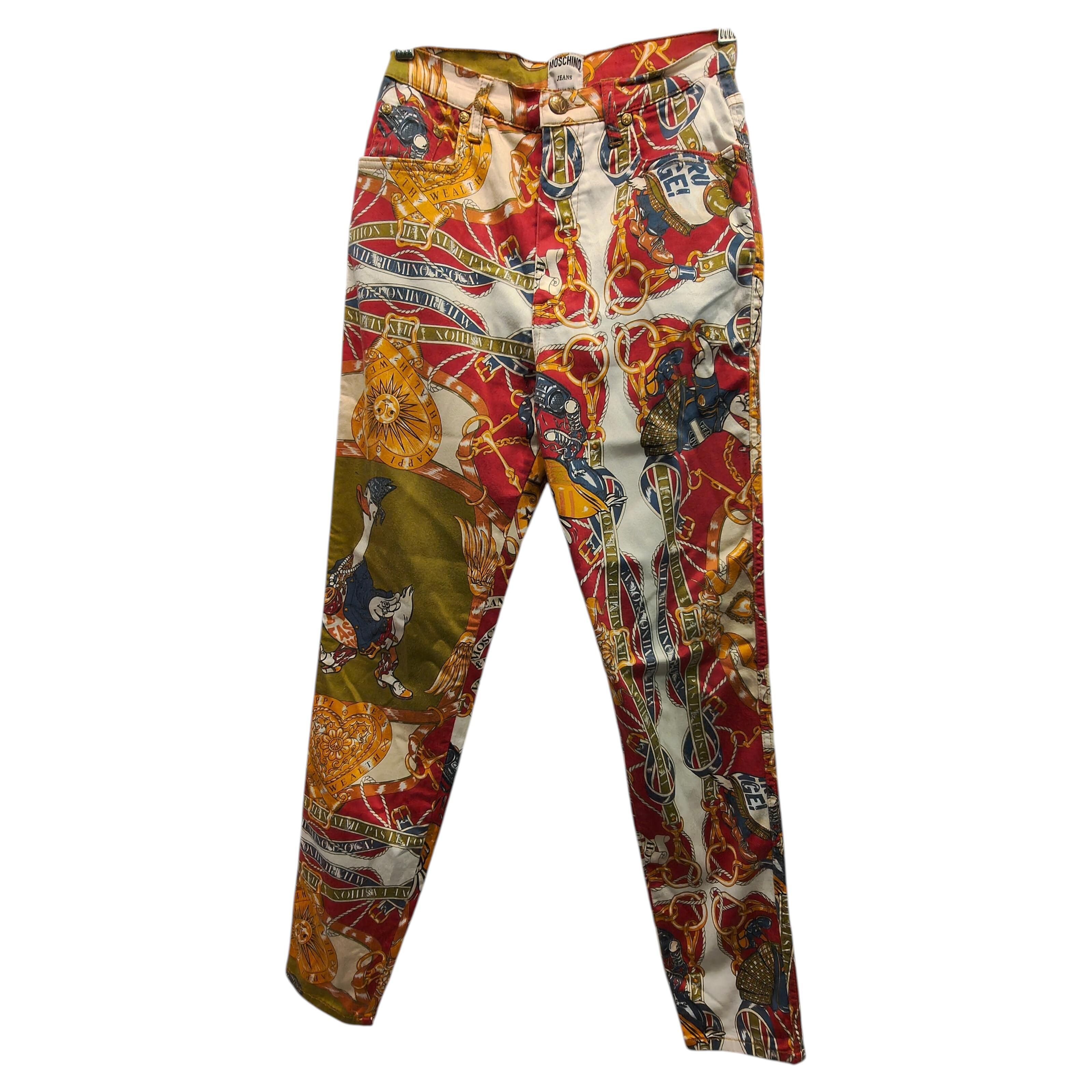 Moschino Jeans anni '90, pantaloni in cotone margherita multicolore taglia 30