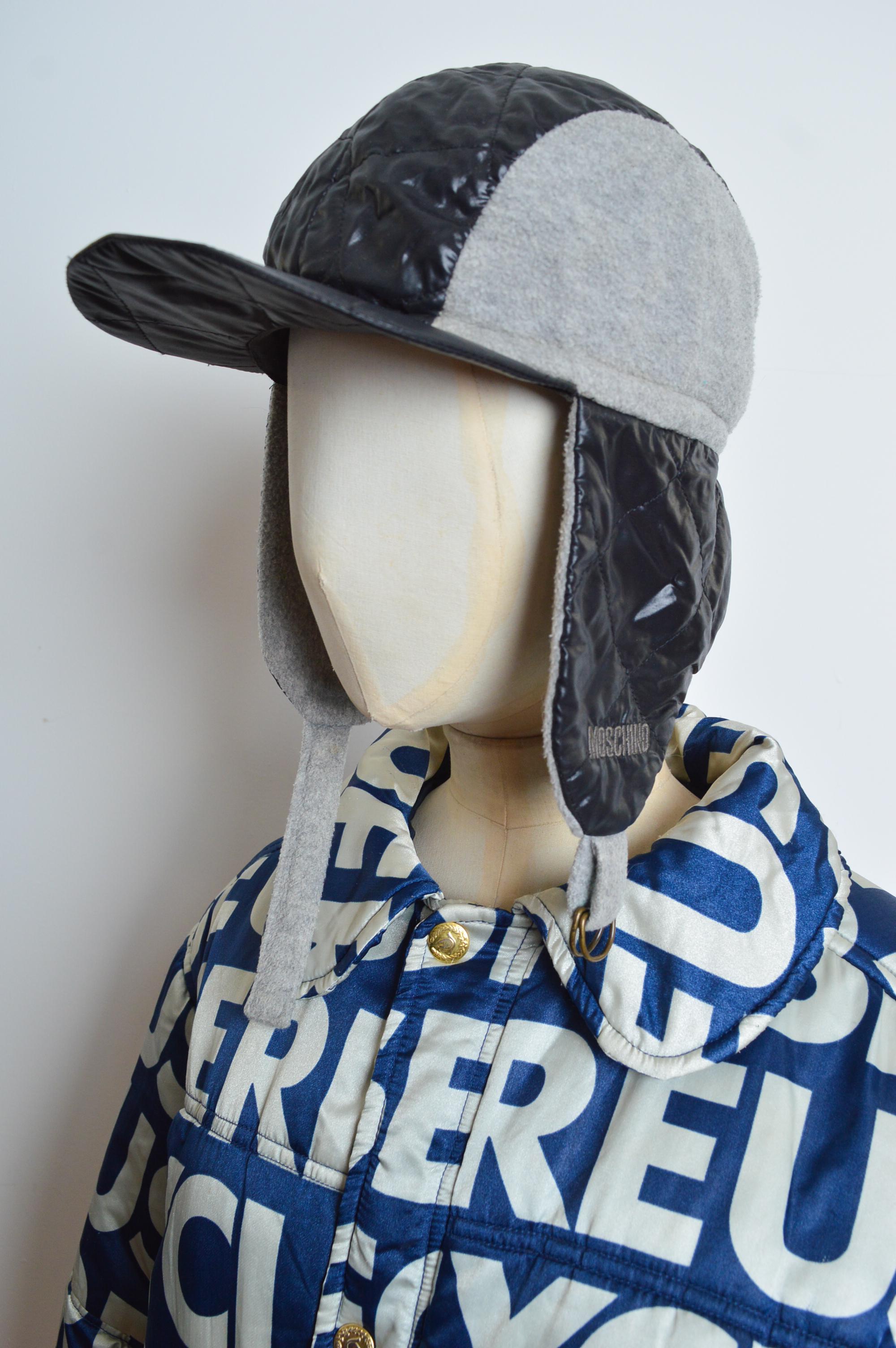 Women's or Men's 1990's MOSCHINO Jeans Raver Cap - Trapper Hat in Grey and Black For Sale