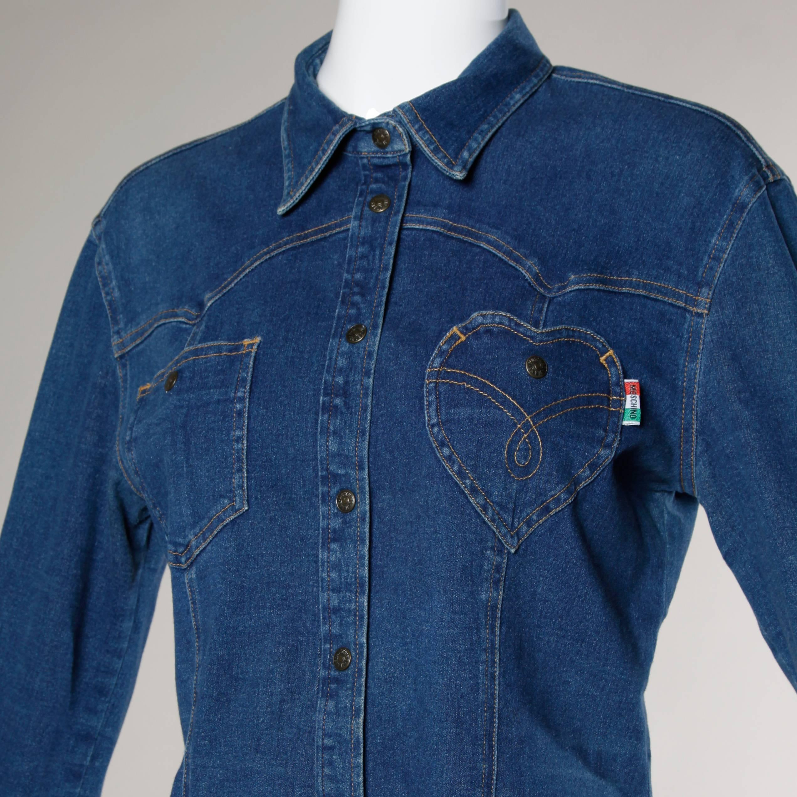 Purple 1990s Moschino Jeans Vintage Denim Heart Pocket Button Up Top, Shirt or Jacket