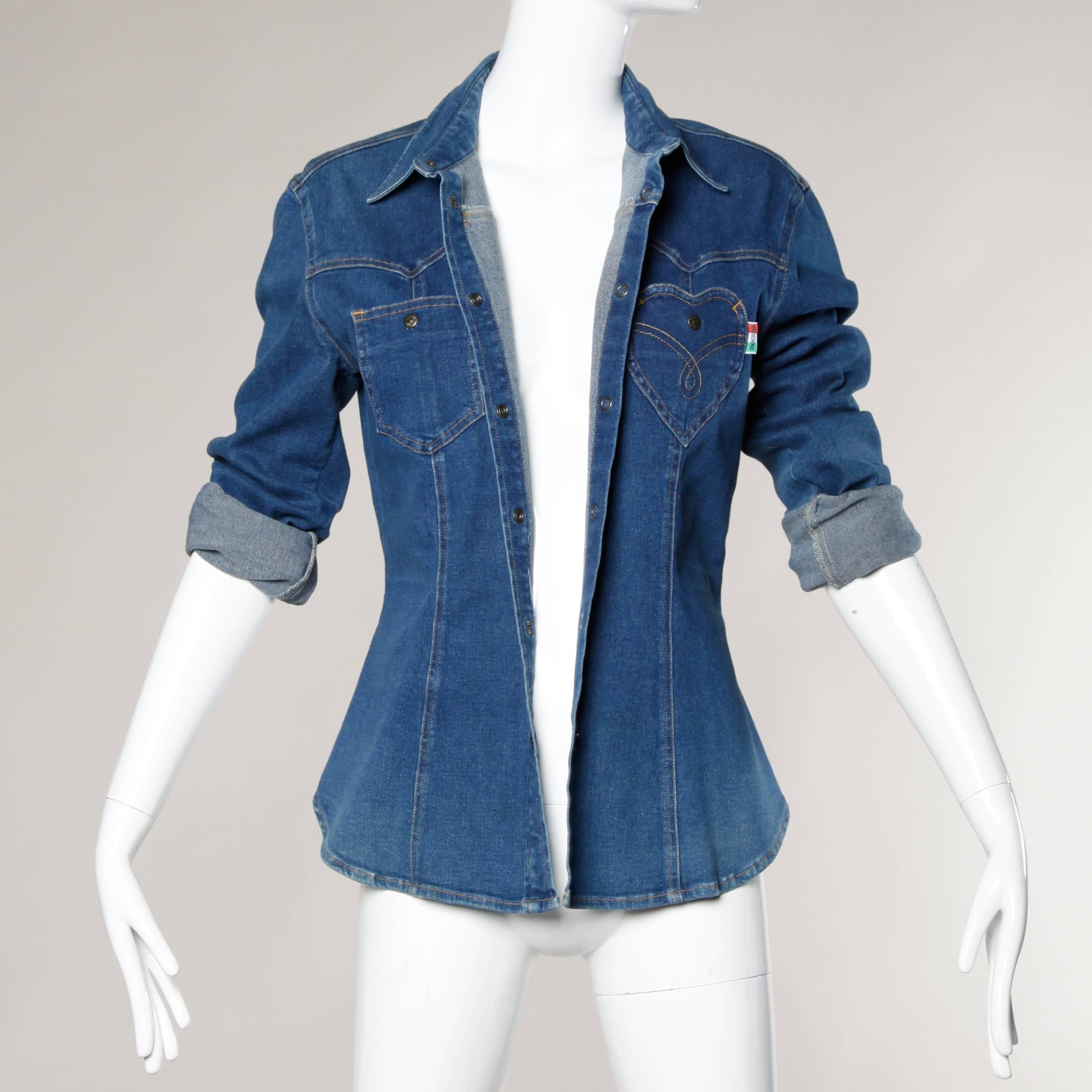 Women's 1990s Moschino Jeans Vintage Denim Heart Pocket Button Up Top, Shirt or Jacket