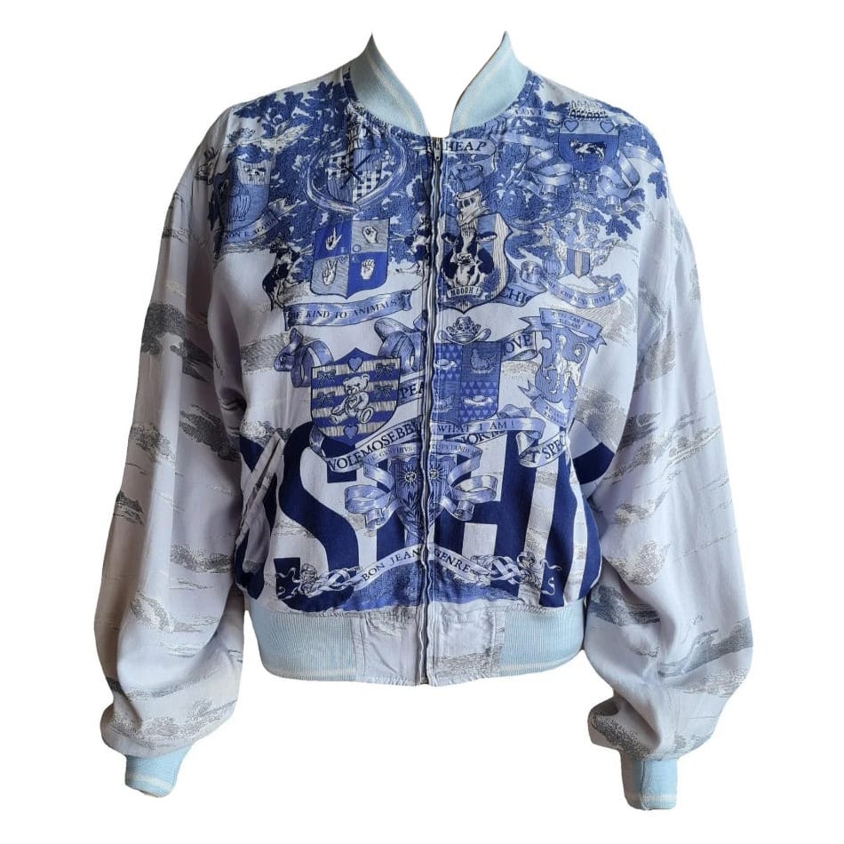 1990s Moschino Jeans Vintage White Blue Bomber Jacket Made in Italy