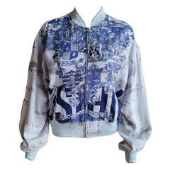 1990s Moschino Jeans Vintage White Blue Bomber Jacket Made in Italy