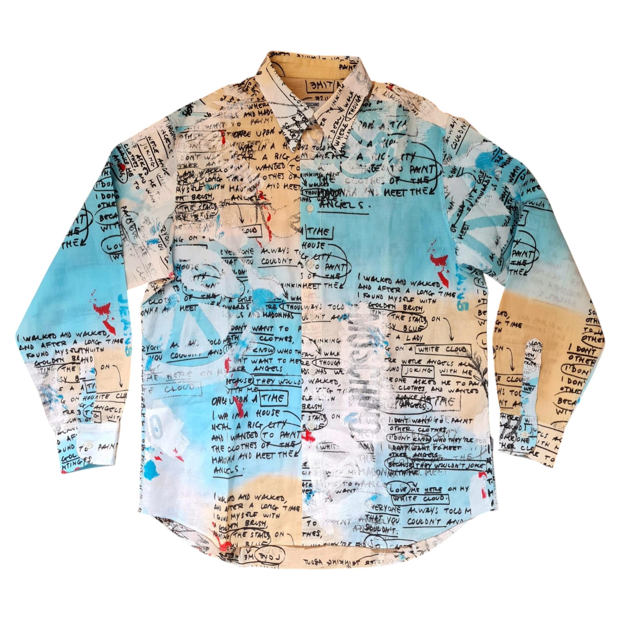 1990s Moschino jeans white light blue yellow shirt size L For Sale
