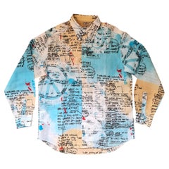 Moschino Jeans de los años 90, camisa blanca, azul claro y amarilla, talla L
