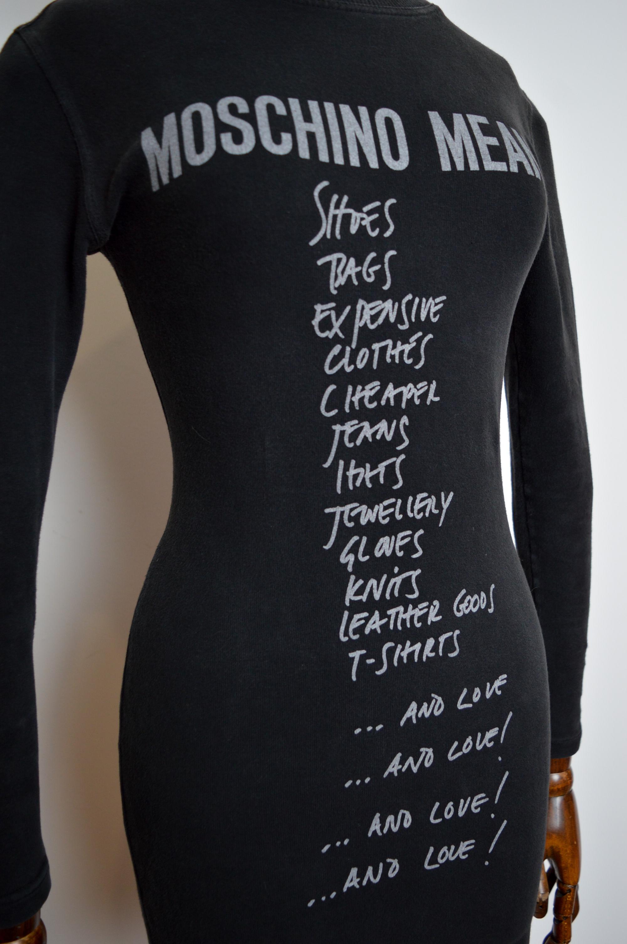 Black 1990s Moschino List Slogan Fun Graphic Little black long sleeve Micro mini Dress For Sale